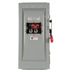 The Siemens HF363JW is a 100 A, three-phase fusible safety switch rated for 600V AC. It is housed in a galvanized steel enclosure designed for indoor use. This switch provides a visible break for safe disconnection and overcurrent protection in three-phase electrical circuits.