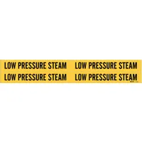 These adhesive pipe markers are used to identify low-pressure steam piping in industrial facilities. The yellow background with black legend provides clear visibility. Each marker fits pipe outer diameters from 3/4 to 2-3/8 inches. Pack includes 4 markers without arrows