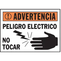 Polyester adhesive labels with Spanish electrical hazard warning. Each sign measures 3 1/2 in x 5 in nominal size, 0.01 in thick. Not retroreflective, no glow. Suitable for marking electrical hazards on equipment or panels in industrial facilities.
