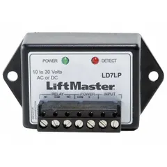 The LIFTMASTER LD7LP is a lead-in vehicle detector designed for inductive loop sensing in parking and gate automation systems. It operates on 10-30V AC/DC power and is used to detect vehicles for triggering gate openers, traffic barriers, and access control equipment.