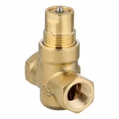 Brass body globe valve with stainless steel stem and seat, normally closed. 1/2 in female NPT connections with 2.5 CV flow rating. Used for regulating water flow in hydronic heating and cooling systems.