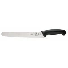 This 10-inch bread knife features a stamped steel blade with a sharp edge, designed for slicing bread, cakes, and pastries without crushing. The black handle is made of Santoprene/polypropylene for a comfortable grip. NSF certified for use in commercial kitchens and food service operations.