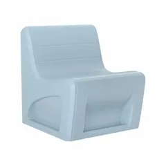 Single-seat armless lounge chair with a blue gray polyethylene seat and floor mount. Suitable for waiting areas, lobbies, and break rooms. Meets UL 94 HB flammability and ISO 22196 antibacterial standards.