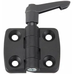 Fixed hinge with locking lever for 8 mm slot width T-slot profiles. Made of black polyamide, part of the 30 Series. Used to secure panels or doors in industrial enclosures, guarding, and machine framing, providing quick-release functionality.