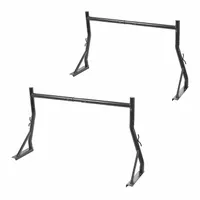Steel truck bed rack with adjustable width from 52 to 68 inches, 30-1/2 inch height, and 13-3/4 inch length. Black finish. Designed for securing long loads such as ladders, lumber, and pipes in pickup truck beds for transport