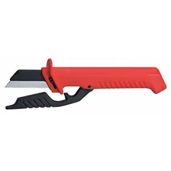 Insulated straight-blade wire-stripping knife with a 2 in steel blade for stripping insulation from 6 to 8 in diameter cable. Features a replaceable blade and an ergonomic plastic handle. Suitable for electricians and maintenance technicians working on industrial wiring and control panels.