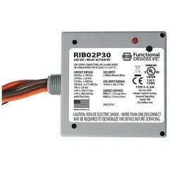 Enclosed pre-wired relay with 30 A rating and DPST-NO contact configuration. Features a 0.50 in NPT nipple for conduit mounting. Suitable for switching high-current loads in HVAC, lighting, and industrial control panels.