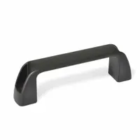 Fixed, non-recessed pull handle with a black nylon grip and matte finish. Grip length 4.26 in, grip thickness 0.31 in. Mounts via threaded holes accepting 5/16"-18 screws. Suitable for industrial cabinets, enclosures, and machinery doors