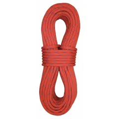 Static kernmantle rope with heat and water resistance. 7/16 in diameter, 765 lb working load limit. Red color. Suitable for rigging, climbing, and industrial work-at-height applications.