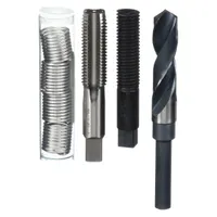 This thread repair kit includes free-running helical inserts made of 18-8 stainless steel with a plain finish. The inserts have a 1 1/4"-12 fine thread, right-hand direction, and are designed for use in metal substrates. The kit also includes an STI tap sized 1-1/4"-12 for preparing the hole. Typical applications include restoring damaged internal threads in metal components