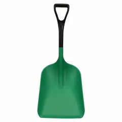 This all-plastic industrial shovel features a square point, #4 blade size, and 14-inch blade width. Constructed from black polypropylene with one rib, it is lightweight and non-sparking. Suitable for material handling tasks such as moving bulk solids, grains, or powders in environments where metal tools are not ideal.