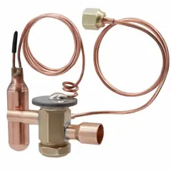 Thermostatic expansion valve for R-407F refrigerant with 5 ton nominal capacity. Features field-adjustable superheat and 1/2 inch female connection. Includes mounting hardware. Used in refrigeration and HVAC systems to regulate refrigerant flow into the evaporator.