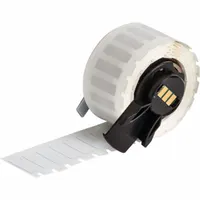 Polyimide precut label roll with white gloss finish. Each label measures 21/32 in by 13/64 in. Compatible with BMP61 printer series. Used for industrial identification of equipment, components, and wiring where heat resistance is required