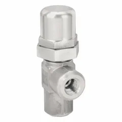 Soft-seat pressure control valve with 1/4 in NPT connections, stainless steel body, and maximum set pressure of 10 psi. Used for regulating and maintaining system pressure in hydraulic and pneumatic circuits, typically in industrial fluid power systems and process control applications.