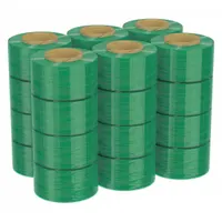 Manual stretch wrap with integrated brake handle for controlled tension application. Each roll is 2 inches wide by 650 feet long, 120 ga gauge, light green. Suitable for bundling, palletizing, and protecting items during storage or shipping