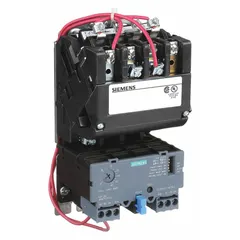 Non-reversing magnetic motor starter for three-phase AC motors. NEMA Size 1-3/4 rated 40 A with three poles. Coil voltage 110-120/220-240V AC. Includes electronic overload protection, pilot light, and one normally open auxiliary contact. Screw terminal connections. Suitable for starting and stopping motors in industrial applications such as pumps, fans, and conveyors.