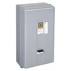 Enclosed non-reversing magnetic motor starter for three-phase motor control. NEMA Size 3, 90 A rating, 220/240V AC coil voltage. Three-pole design with screw clamp terminals. Requires three melting alloy thermal units (not included) for overload protection. Suitable for starting and protecting motors in industrial applications such as pumps, conveyors, and compressors.
