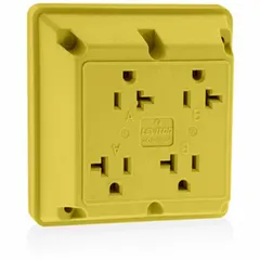 This quad receptacle is rated 125V AC, 20A with a NEMA 5-20 configuration, 2-pole/3-wire grounding. The yellow housing aids circuit identification in commercial or industrial environments where multiple devices require power from a single outlet.