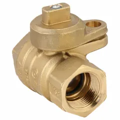 This manual two-way ball valve features a 1-inch full port brass body with female NPT threaded ends. The straight pattern and locking tee handle allow for positive shut-off and flow control in plumbing and industrial piping systems.