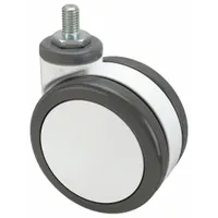 This swivel twin-wheel caster features a 4-inch diameter roller wheel with a 2.5-inch width and a 120 mm mounting height. It uses an M12 threaded stem for attachment. Designed for medical equipment such as hospital beds, stretchers, and diagnostic carts, it provides smooth, quiet movement in clinical environments