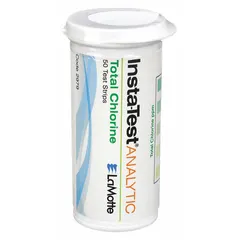 Single-parameter test strips for measuring total chlorine in water within a range of 0 to 5 ppm. Each strip is 3 inches long, and the package provides 50 tests. Suitable for on-site water quality checks in applications such as pool maintenance, cooling tower monitoring, and industrial process water testing.