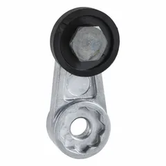 Rotary lever roller actuator with front roller position for limit switches. Fixed arm length of 1.61 inches. Compatible with XCKM series limit switches. Used to detect position of moving machinery parts in industrial automation.