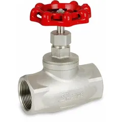 Stainless steel straight-body globe valve with rising stem and metal seat. 1 1/2 in pipe size, socket x socket female connections. Used for shut-off and flow regulation in general-service piping systems handling steam or other media.