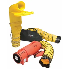 This axial blower and ducting combination unit operates at 115 V AC with a current draw of 3 A and 1/3 hp. It features an 8 in duct diameter and includes a Manhole Ventilation Pass-thru. The unit is orange. Typical applications include ventilating confined spaces such as manholes, tanks, and vaults to supply fresh air and remove hazardous fumes.