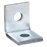 This steel corner connector is formed at a 90-degree angle with two 9/16-inch diameter holes for bolting. The electroplated silver finish provides corrosion resistance. It is used to join structural members at right angles in framing, shelving, and industrial racking