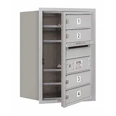 This horizontal multi-unit mailbox features four lockable doors and is designed for recessed mounting. With dimensions of 23 7/8 inches high by 17 inches wide by 16 1/2 inches deep, it provides front access for secure mail collection. Suitable for commercial or multi-tenant buildings where space is limited.