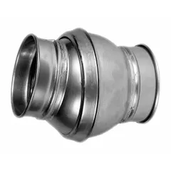 Steel ball joint for 12-inch duct diameter with 12-inch inlet and outlet diameters and 15 1/4-inch overall length. Connects duct sections in industrial ventilation and dust-collection systems, accommodating angular misalignment and thermal expansion.