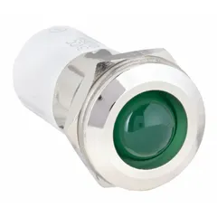 Green LED indicator pilot light with raised head and M16 thread for 16 mm panel mounting hole. Electrical connection via 0.11 male quick disconnect. Used on industrial control panels, machinery, and equipment to provide visual status signals.