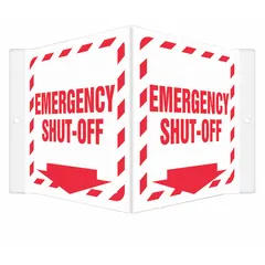 V-shape projection emergency shut-off sign made of PETG with a nominal size of 6 in x 8 1/2 in and a thickness of 0.06 in. Features mounting holes for installation. Not retroreflective and does not glow in the dark. Used to mark emergency shut-off locations in industrial facilities.