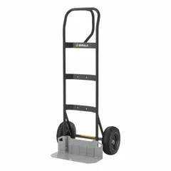 This general purpose hand truck features a black steel frame with a single-loop handle and an 18 in W x 8 in D nose plate. Pneumatic tires provide shock absorption for moving loads up to 800 lb over rough surfaces in warehouses, factories, and delivery settings.