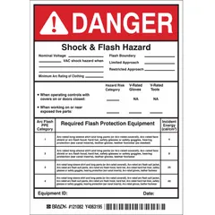 Vinyl danger sign with adhesive mounting, warning of shock and flash hazards. Nominal size 7 in x 5 in, not retroreflective and non-glowing. Sold in packs of 5. Suitable for labeling electrical equipment or panels to indicate danger zones.