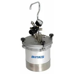 Siphon feed spray gun cup with a 2-quart capacity. Includes an integrated regulator for adjusting fluid delivery. Designed for use with spray guns in industrial painting and finishing applications.