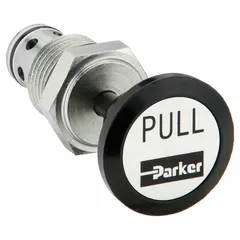 Steel-bodied manual cartridge valve from the DL101 series. Block-mounted, two-position, normally closed operation with knob adjustment. Nitrile seal, C10-2 cavity. Used for on/off flow control in hydraulic systems.