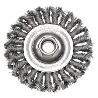 This WEILER brush is designed for heavy cleaning of contoured carbon steel surfaces. It features a 4" diameter, 1/2" width, 1/2"-13 arbor, and 0.02" twisted steel fill. Typical applications include removing rust, scale, and weld splatter from irregular shapes in industrial maintenance and fabrication