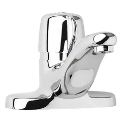 Centerset faucet with cast brass construction and polished chrome finish. Low arc design with push-button metering for timed water flow. Includes mounting hardware. Suitable for commercial restrooms requiring water conservation.