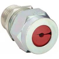 Straight metallic cable grip with steel body and silver finish. Features 1/2 in MNPT box connection, accepts cord diameters from 0.19 in to 0.25 in, and includes a red color-coded grommet. Rated IP66 and Class I, Division 2 for hazardous locations. Overall length 1 3/4 in. Used for securing and sealing cable or conduit in industrial environments