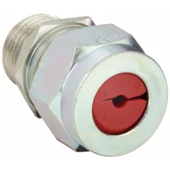 Straight metallic cable grip with steel body and silver finish. Features 1/2 in MNPT box connection, accepts cord diameters from 0.19 in to 0.25 in, and includes a red color-coded grommet. Rated IP66 and Class I, Division 2 for hazardous locations. Overall length 1 3/4 in. Used for securing and sealing cable or conduit in industrial environments.