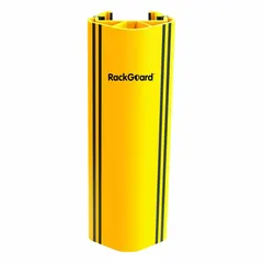 This snap-on polymer protector mounts directly onto pallet rack uprights to shield them from impact damage. The 600 mm length covers a standard upright section, and the yellow color provides high visibility. Suitable for use in warehouses and distribution centers where forklift traffic poses a collision risk.