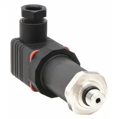 Pressure transmitter with 0 to 5000 psi range, 4 to 20 mA DC output, and ±0.50% full scale accuracy. Features a DIN 43650 Form A connector and 7/16 in male SAE connection. Nylon housing with IP67 rating. Suitable for hydraulic, pneumatic, and process control applications.