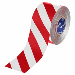 Red/white striped floor marking tape with a 22 mil thick polyester backing. Used to mark aisles, hazards, and safety zones in industrial facilities. Provides visual warning in high-traffic areas.