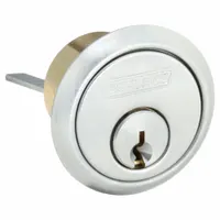Rim-type standard cylinder in chrome finish. Includes keys, Schlage C keyway, pinned for 6 pins. Used with rim exit devices, storeroom functions, and classroom locks for keyed access control