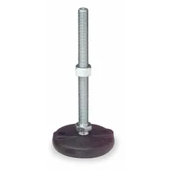 Swivel male leveling mount with M20 thread, 102 mm length, and 3,409 kg load capacity. Round base, 27 mm hex size, includes jam nut and mounting holes. Used for leveling and stabilizing heavy machinery and equipment on uneven floors.