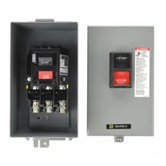 Enclosed non-reversing manual motor starter with thermal overload protection. Rated 18 A, 600V AC, 3 poles, NEMA Size M-0. Requires three thermal units (not included). Used for starting and stopping motors in industrial applications.