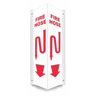 CONDOR Safety Sign: PETG, Mounting Holes Sign Mounting, 24 in x 7 1/2 in Nominal Sign Size - V-Shape Projection Fire Hose Signs