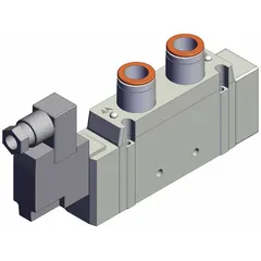 Single solenoid, five-way/two-position directional control valve with 5 ports and 24V DC DIN solenoid connector. Features internal pilot and non-locking monostable operation. Port size is 12 mm BSPT. Suitable for switching pneumatic actuators in industrial automation systems.
