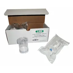 Disposable sterile filtration unit with 0.45 µm pore size, 47 mm diameter, and 300 mL funnel capacity. Designed for single-use vacuum filtration of aqueous solutions in laboratory applications such as media preparation, buffer filtration, and sample clarification. Pre-sterilized; stopper not included.